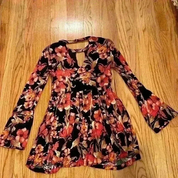 Free people Floral Regan boarder Mini Tunic Dress with Pockets sz 0 - Picture 5 of 10